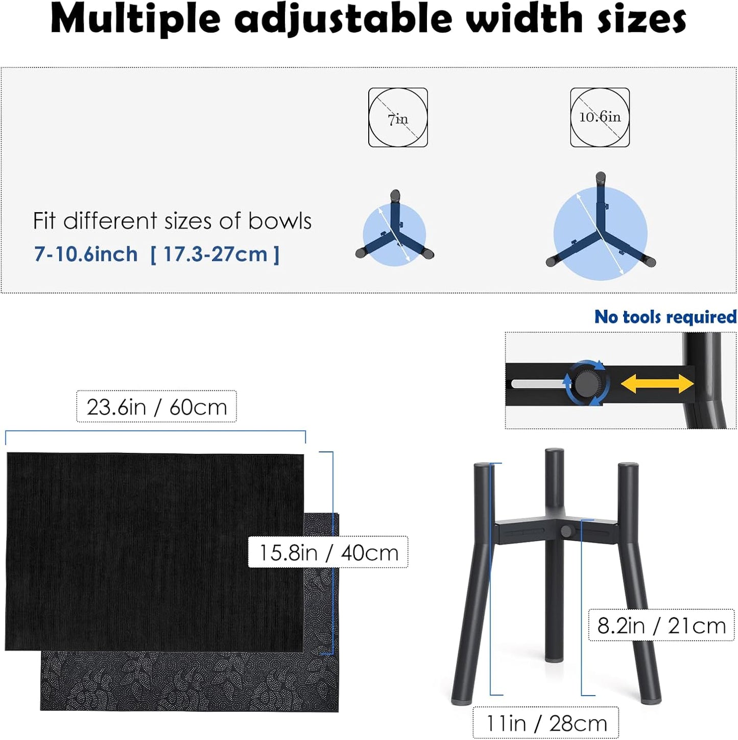 Dog Bowl Stand for Medium Large Dogs with Mat, Adjustable Width Elevated Dog Bowls for 7-10.6" Wide Bowls, Raised Food Water, 11 inch Tall Single Holder, Bowl Not Included