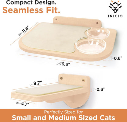 INICIO Cat Wall Shelves – Dog Proof Feeding Station with Wall Mounted Shelves, Durable 3 Step Birch Floating Shelf for Cats Up to 15lbs, Attached Cat Food Bowl for Convenient Feeding – Wood Brown