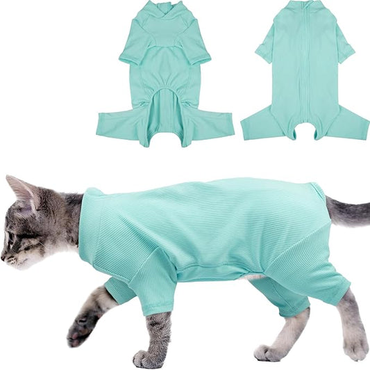Sticky Hair Cat Clothes, Breathable & Lightweight, Reduces Shedding Fur Pajamas, Full Body Long Sleeve Surgical Bodysuit, Stop Licking & Shedding,Blue,L