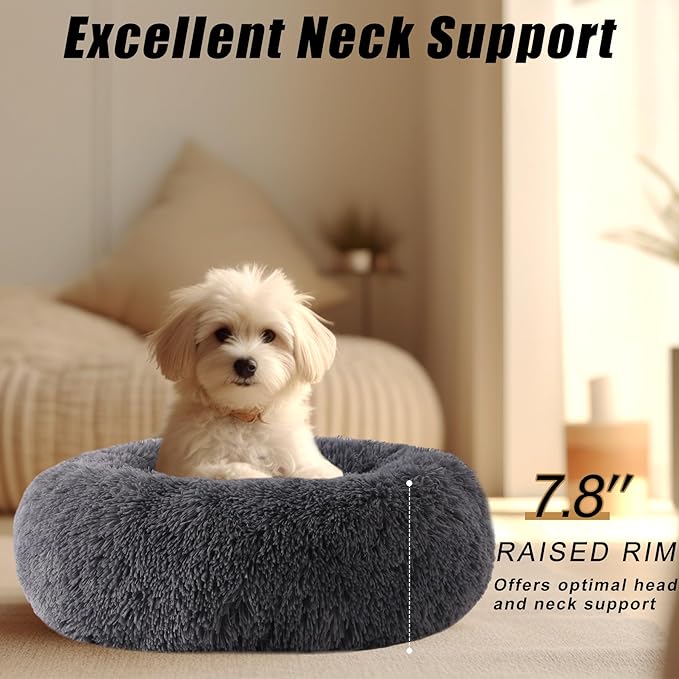 Small Round Dog Bed, Cat Beds for Indoor Cats, Calming Anti-Anxiety Donut Bed for Puppy and Kitten, Washable Round Fluffy Pet Bed for Small Dogs and Cats(Fits up to 15 lbs Pets)