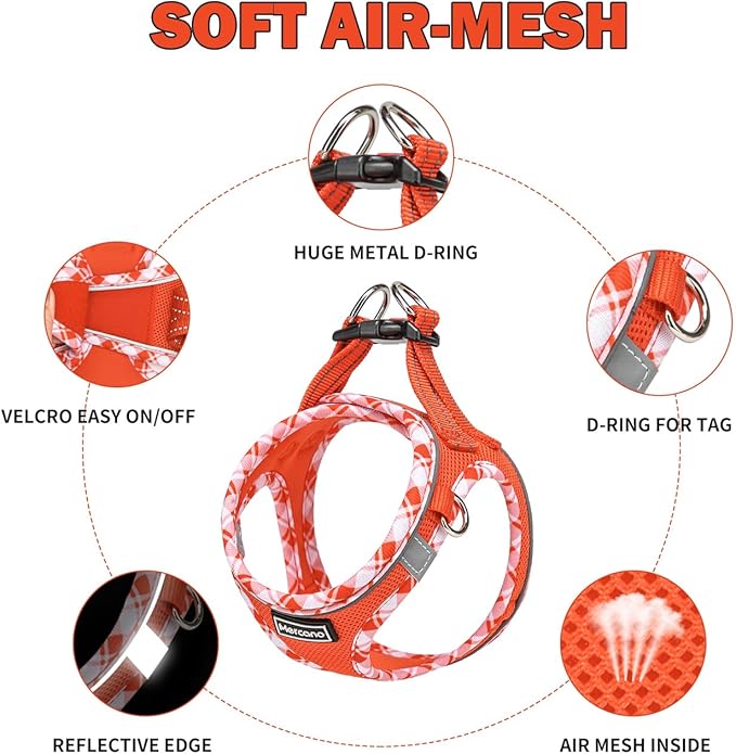 Mercano Soft Mesh Dog Harness and Leash Set, No-Chock Step-in Reflective Breathable Lightweight Easy Walk Vest Harnesses with Safety Buckle for Small Dogs, Cats (Tangerine, M)