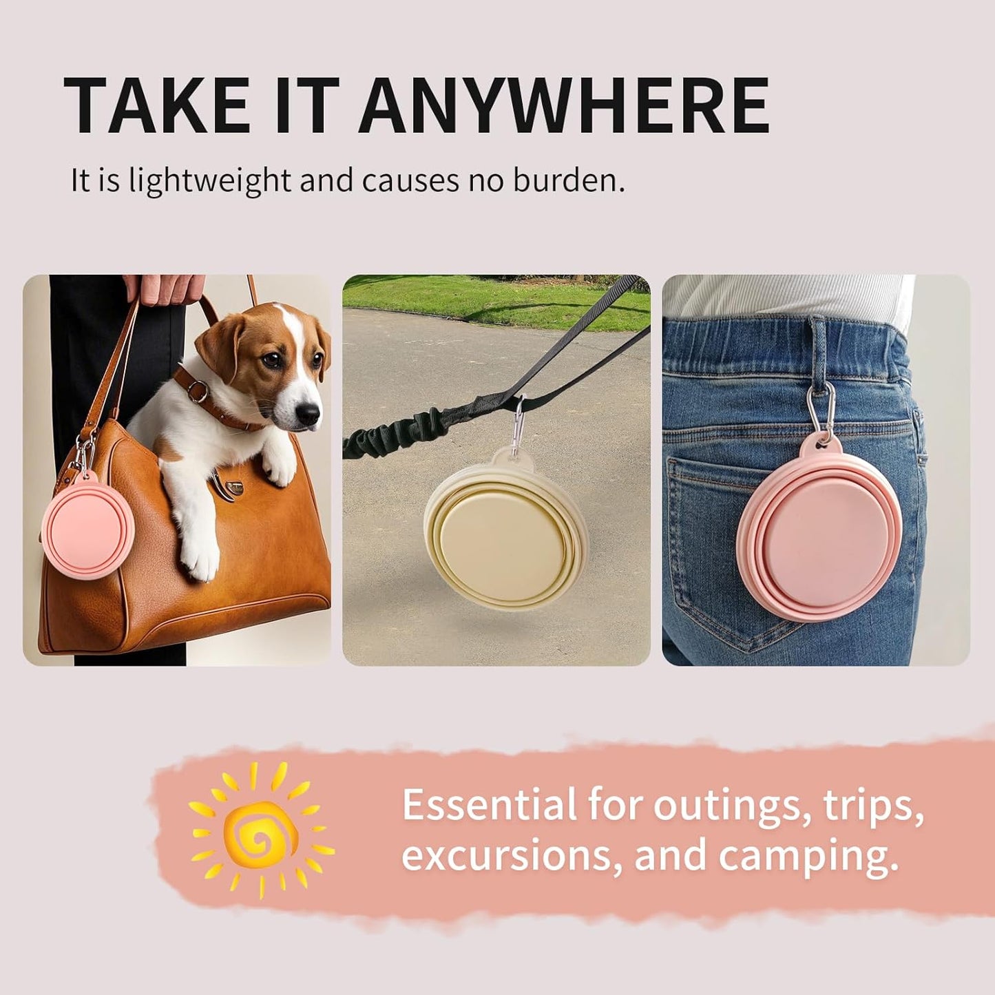 Collapsible Dog Bowls 2-Pack, Portable Travel Dog Bowl with Carabiner, Food-Grade Silicone Pet Bowl for Hiking, Walking (Macaron Pink and Yellow)