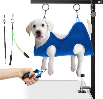 niffgaff Adjustable Foldable Dog Grooming Arm with Heavy-Duty Clamp: 26" to 40" Height, Includes Safety Hammock & No-Sit Holders – Perfect Grooming Restraint for Small & Medium Dogs at Home or Salons