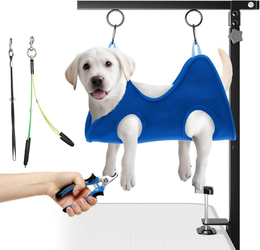 niffgaff Adjustable Foldable Dog Grooming Arm with Heavy-Duty Clamp: 26" to 40" Height, Includes Safety Hammock & No-Sit Holders – Perfect Grooming Restraint for Small & Medium Dogs at Home or Salons