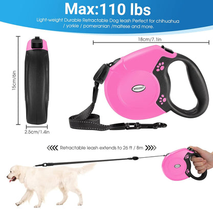 Retractable Dog Leash, 26 Ft Heavy Duty Pet Walking Leash for Small Medium Large Dogs up to 99lbs, Anti-Slip Handle, 360 ° No Tangle, Nylon Tape, One-Handed Brake (Pink)