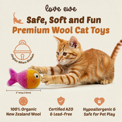 Hustle & Blush Wool Felt Balls 3 Pack Love Ewe Pet Supplies - 2 in Felted Wool Cat Toys 100% New Zealand Wools Felt Cat Toys Handmade Wools Felts Balls, Cats Felts Ball with Bell - Hook, Line & Jingle