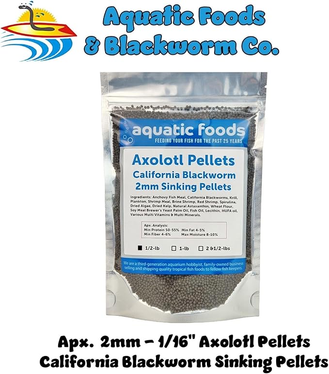 Aquatic Foods Inc. Axolotl Blackworm Pellets. 2mm-1/16 Sinking California Blackworm Small Pellets for Small Axolotl, Frogs, Shrimp, Salamanders, Newts, Snails…1/2-lb Pouch Bag