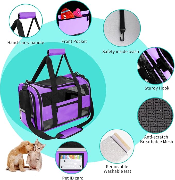Airline Approved Cat Carrier Dog Carriers for Small Dogs Under 15 Lbs, Collapsible Soft Sided Travel Carriers for Puppy Kitten, Purple