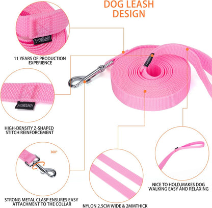 Strong Durable 15ft Nylon Dog Training Leash, 1 Inch Wide Traction Rope, for Small and Medium Dog (Pink, 15 Feet)