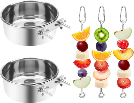2 Pcs Bird Feeding Dish Cups with 3 Pcs Food Holder for Cage, Parrot Food Water Bowls and Fruit Vegetable Skewer Foraging Toy, Stainless Steel Bird Feeders for Small Animals -Silvery,5 Pcs