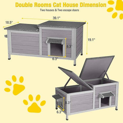Aivituvin Outdoor Cat House，Double Rooms Waterproof Outside Feral Cat Shelter for Winter 100% Wood