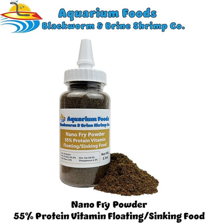 Aquatic Foods Inc. Nano Fry Powder, 55% Protein Vitamin Rich Floating/Slow Sinking Powdered Fry Growth Food for All Tropical Fish, Baby Cichlids, Bettas, Tetras, Guppies...3.3oz Squeeze Bottle