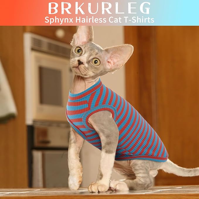 BRKURLEG Hairless Cats T Shirt, Cat Sweaters, Pullover Kitten Shirts, Sleeveless Round Collar Cotton Vest for Cornish Rex Devon Rex Peterbald and Small Dogs Sweater(OrangeBlue Stripes, XL)