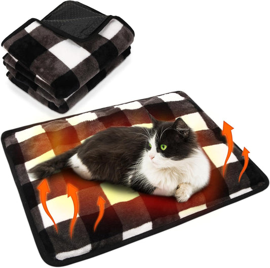 2 Pack Self Warming Cat Bed Self Heating Dog Pad Cat Warming Pad Thermal Pet Mat Washable Reflect Body Heat Removable Cover for Indoor Kittens Puppies (Black White Plaid,16 x 20 Inch)