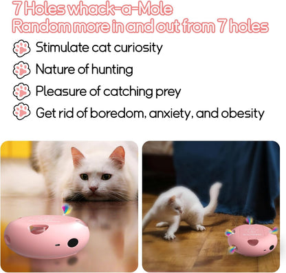 Interactive Cat Toy, Electric Cat Toys for Moving Concealed Feathers, Smart Sensor 7 Holes Whack a Mole Feather Toy, USB Charge Automatic Kitten Toys, Pink