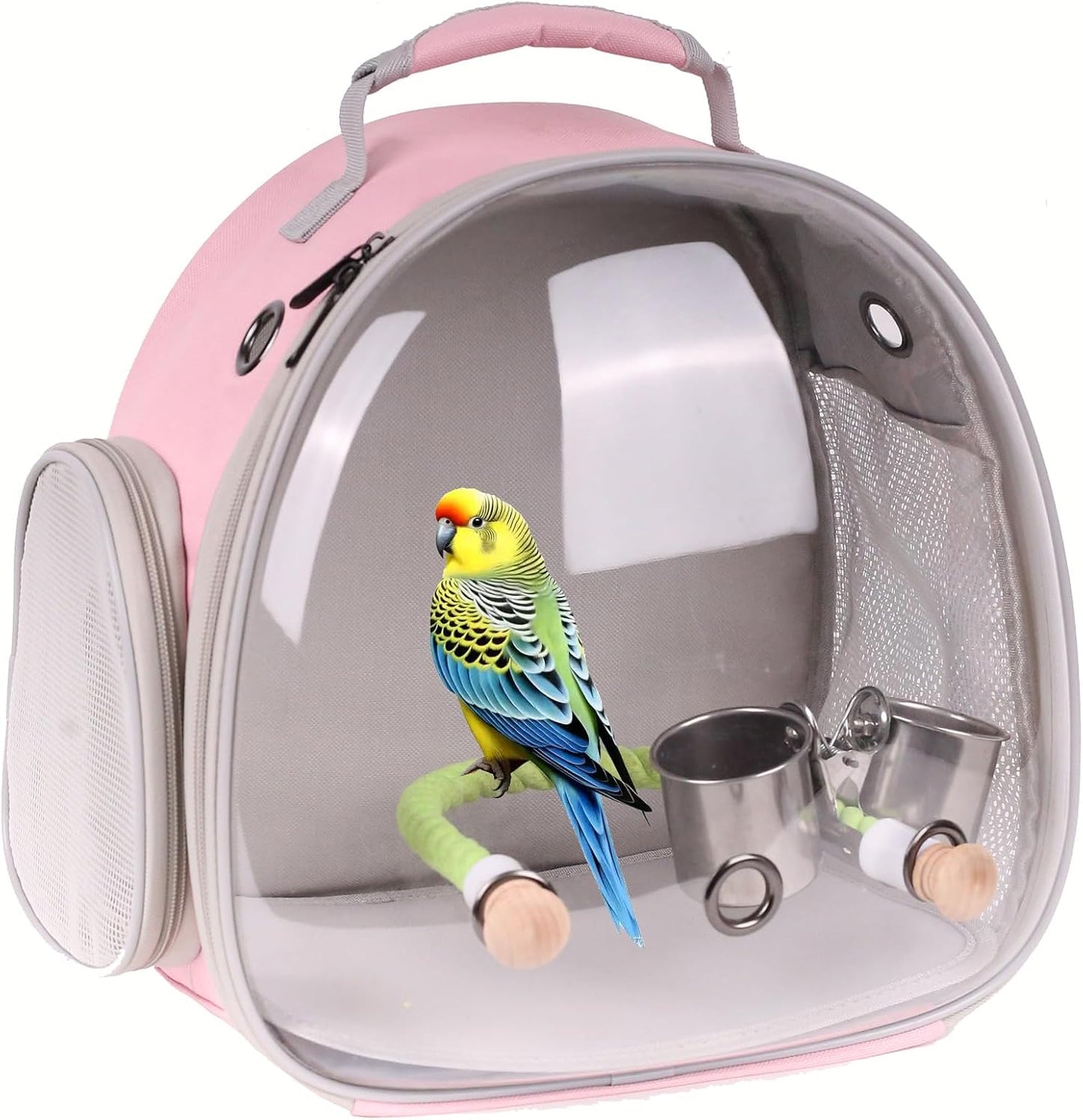 halinfer Small Bird Travel Backpack Carrier Cage with Cups, Backpack to Transport Backpack Carrier with Clamp Cups Stand Perch for Parakeet Cockatiel Budgies Vet Carry Book Bag Pink