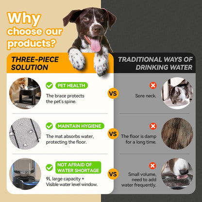 CZPET Elevated Dog Water Bowl Dispenser with Mat for Large Dogs,Tall Raised Pet Waterer Stand,Relieve Neck Pressure,Large Capacity and Drinking Area Noise-Free for Pets (9L+Stand+Mat)