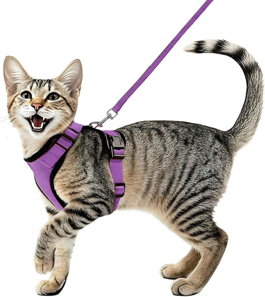 Cat Harness and Leash Set,Escape Proof Adjustable Cat Harness,Soft and Breathable Kitten Harness and Leash with Reflective Strips for Walking and Traveling(Purple, X-Small(3.3-8.9lb))