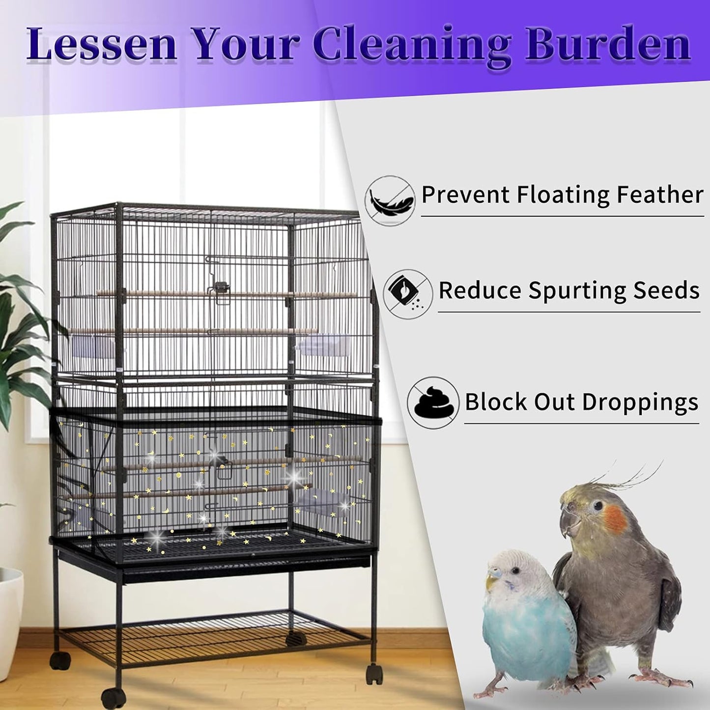Daoeny Large Bird Cage Cover, Bird Cage Seed Catcher, Adjustable Soft Nylon Mesh Net with Twinkle Moon Star, Birdcage Cover Skirt Seed Guard for Parrot Parakeet Macaw Round Square Cages (Black)