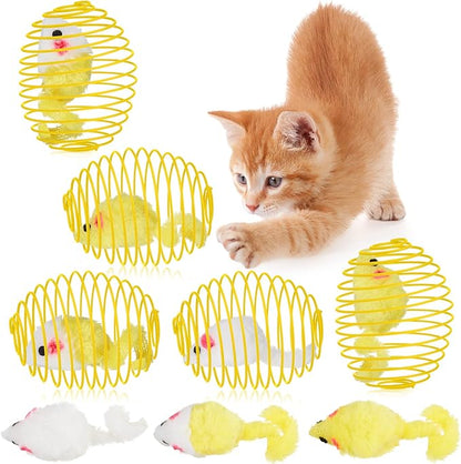Jecery 5 Pcs Halloween Cat Spring Balls Toys Stretchable Rolling Balls Colorful Playful Coils Interactive Spring Action Toy Caged Rats for Kitten Cat Pet Supplies(Yellow Mouse,Yellow,5 Pcs)