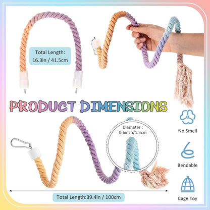 Skyygemm 2 Pcs Gradient Bird Rope Perch Stand 39.4" and 16.3" Bird Cage Climbing Rope Toys Accessories Multicolor Cotton Perches for Parrots, Cockatiels, Parakeets, Budgies, Lovebird, Conures, Finches