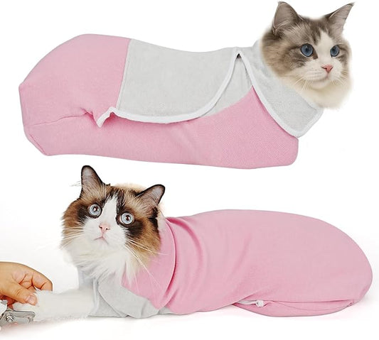 Self-Adhesive Cat Grooming Wrap, Cozy Cat Wrap for Cutting Nails, Breathable Anti-Scratch Cat Swaddle Bag for Brushing, Ear Cleaning, Medication, Injections, Pink XS