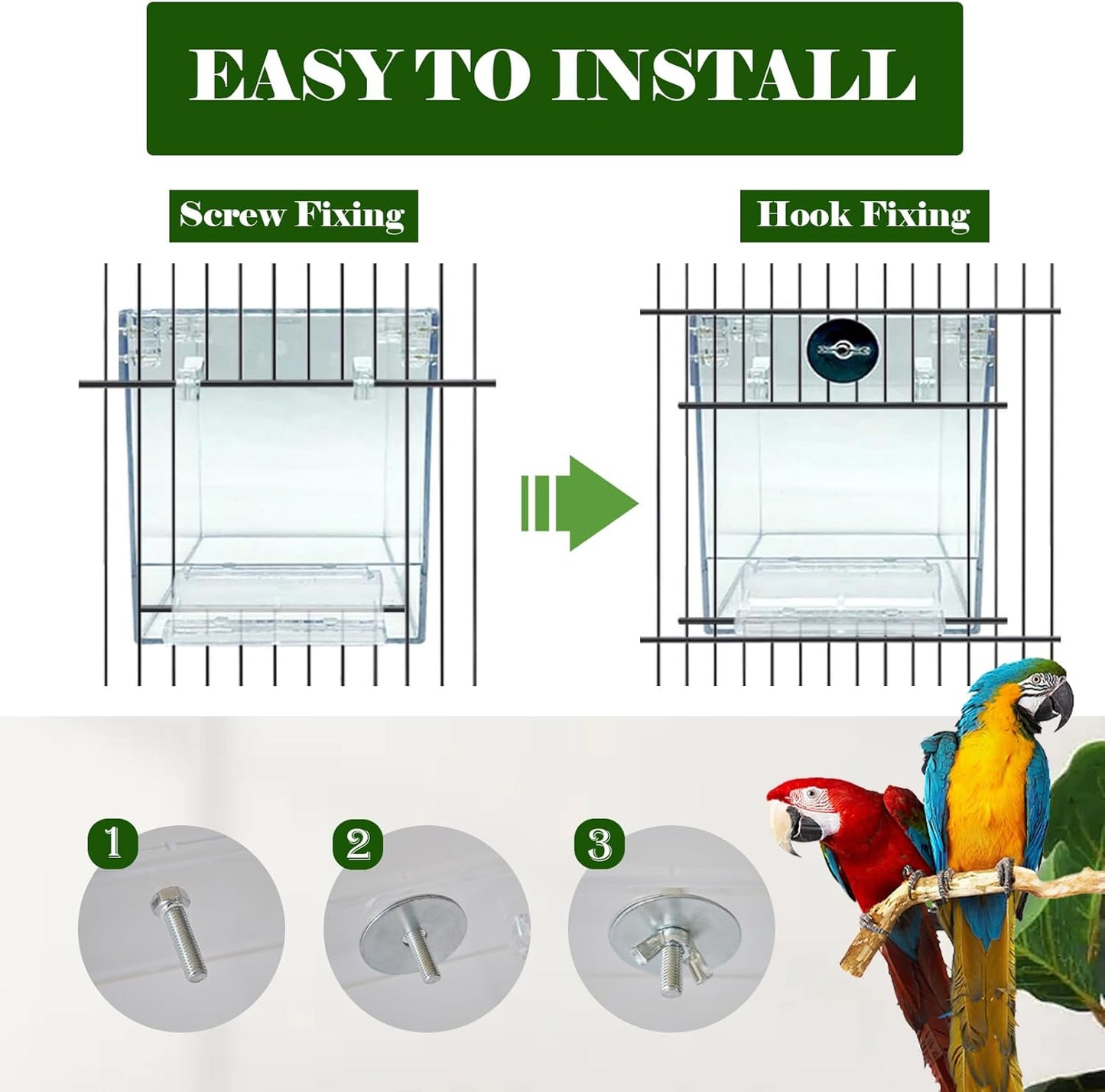 kathson Acrylic Bird Cage Bath Box,Parrot Hanging Tube Shower Box Birds Bathtub Cage Accessory with Water Injector Feeding Spoon for Small Pet Canary Lovebird Budgies Parakeets Cockatiel Conure(3 Pcs)