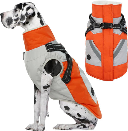 IECOii Large Dog Coat with Harness Built in,Reflective Waterproof Dog Coat for Giant Breeds - Zip Up Fleece Jacket for Dogs,Great Dane Winter Coats Warm Snowsuit for Cold Weather, Orange, 4XL
