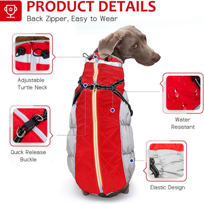 Dog Winter Coat with Harness, Dog Jacket, Pet Clothes with Zipper on Back, Waterproof Windproof Warm Vest, Reflective Cold Weather Coats, for Small Medium Large Dogs, Thick, Red, L