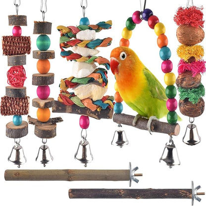 Bissap Bird Chew Toys, 7 Packs Parakeet Natural Wood Toys Parrot Hanging Cage Toy Perch Stand for Small Birds Conure Cockatiel Parrotlet Lovebird Budgie