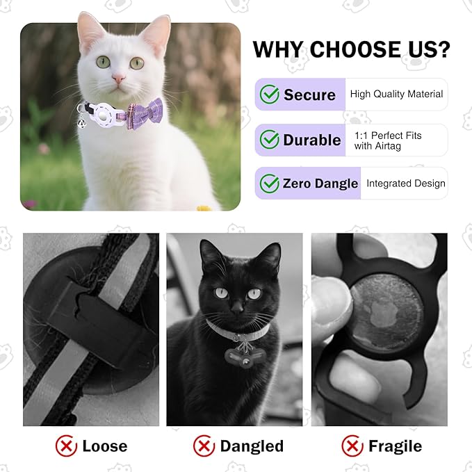 Airtag Cat Collar with Bells and Bowtie -Safety Elastic Band Kitten Collar for Apple Air Tag Holder- Cute GPS Cat Tracker Collars for Girl Boy Cats and Puppies, Adjustable 8"-12" Purple