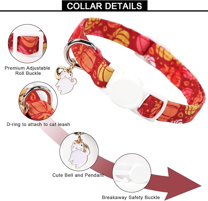 Unique style paws 2 Pack Kitten Collar Breakaway with Bell & Pendant, Adjustable Safety Cat Cotton Collars for Girl Boy Cats and Small Pets