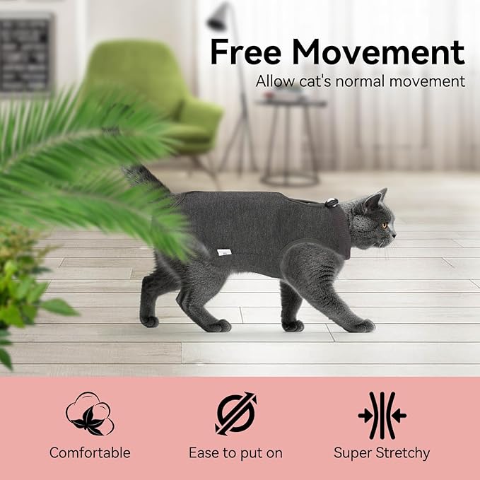 2 PCS Cat Recovery Suit for Spay Abdominal Wounds Female, Cat Onesie for Cats After Surgery, Pet Surgery Recovery Suit Kitten Onesie for Cats Anti Licking (Grey (2PCS), Large)