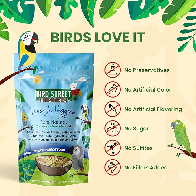 Bird Street Bistro Parrot Food - Parakeet & Cockatiel Food - Cooks in 3-15 min with Natural & Organic Grains, Legumes, Non-GMO Fruits, Vegetables & Health Spices