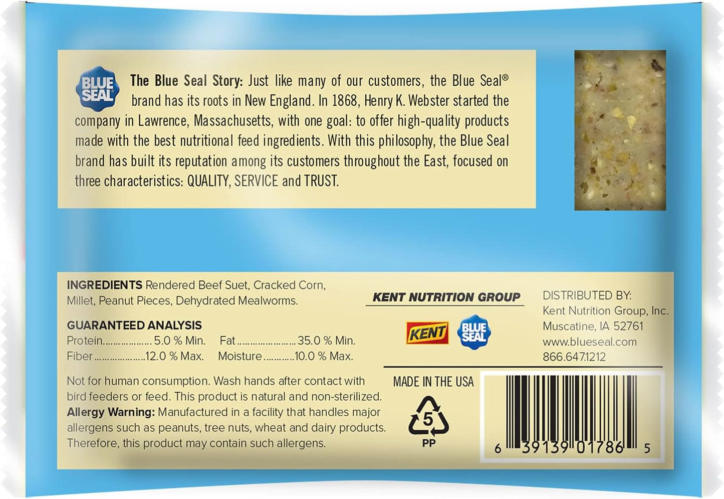 Blue Seal Mealworms & Nuts Suet Cakes for Wild Birds - No Mess Suet Feed, Food for Woodpeckers, Cardinals, Siskins, Sparrows & More - 11oz Suet Feeder, Bird Seed Cakes (Pack of 12)