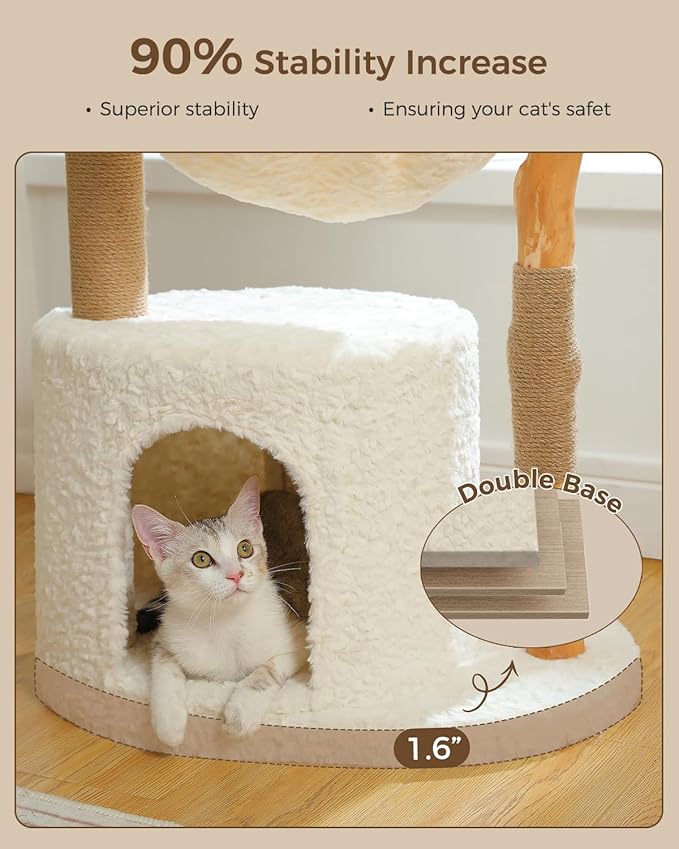 Modern Cat Tree for Large Cats, Wood Cat Tower for Indoor Cats, Real Branch Luxury Cat Furniture with Super Large Cozy Condo and Hammock & Scratching Post, Top Basket, White
