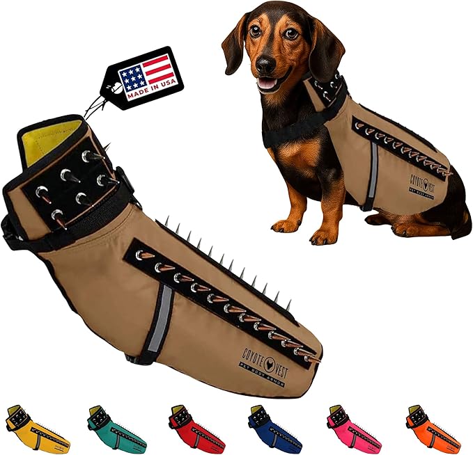 CoyoteVest Dog Harness Protection Vest, Reflective Dog Accessories with Spikes to Shield Your Pet from Raptor and Animal Attacks, Proudly Made in America (Medium, Texas Tan)