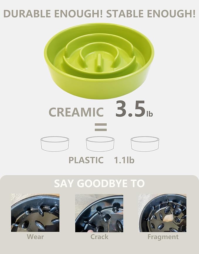 Ceramic Slow Feeder Bowls for Large Dogs, 3.0 Cups Slow Feeder for Fast Eaters, 48oz, 10in, Green