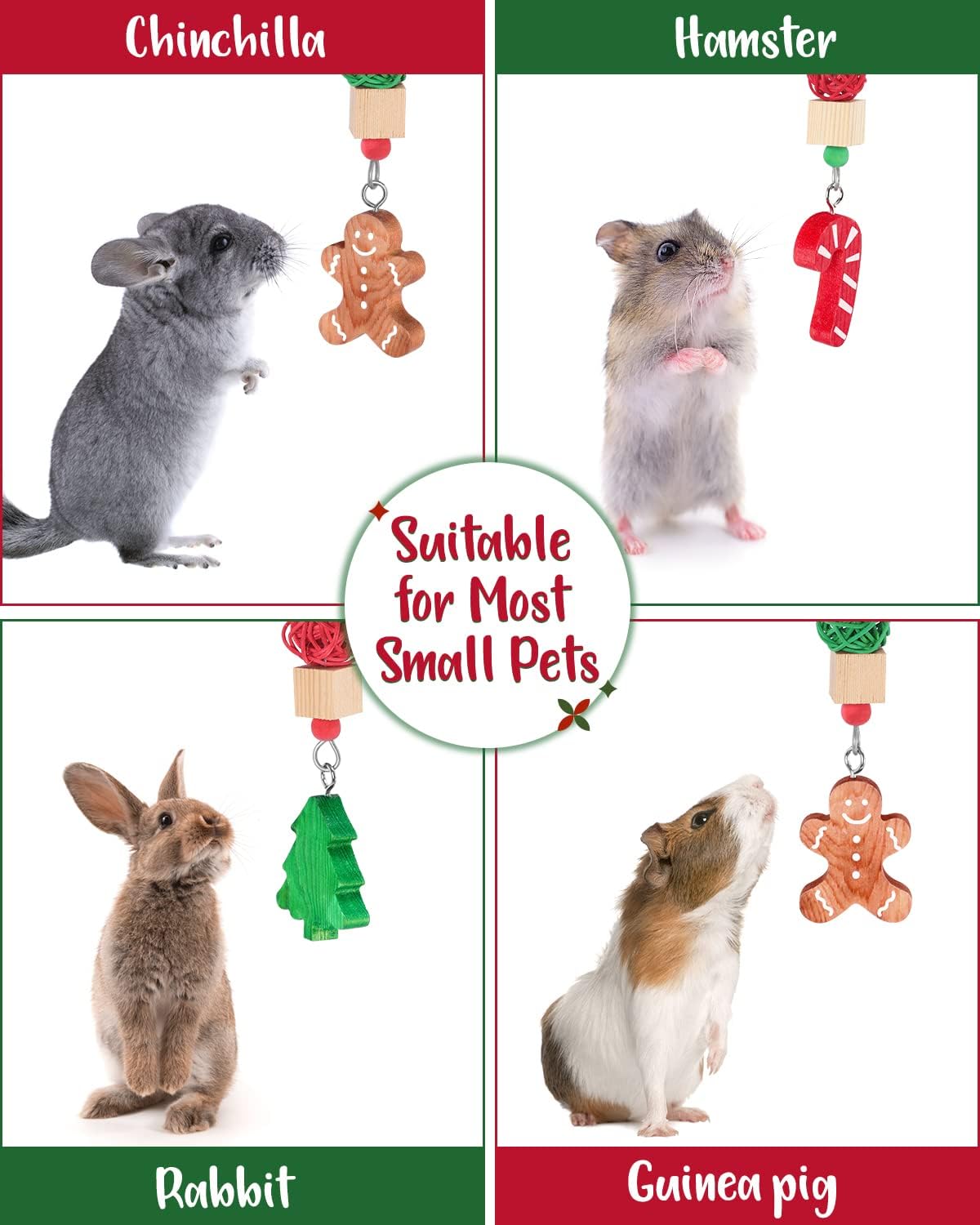 Xylolfsty Christmas Guinea Pig Toys Xmas Bunny Rabbit Toys Candy Cane Hamster Chinchilla Toys Treats for Teeth Grinding Gingerbread Christmas Tree Cage Hanging Accessories for Small Pets Gifts 3PCS