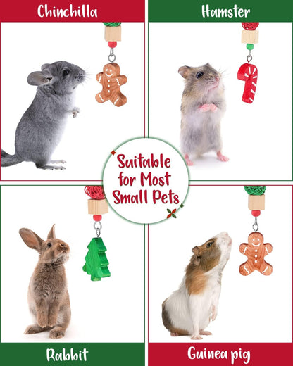 Xylolfsty Christmas Guinea Pig Toys Xmas Bunny Rabbit Toys Candy Cane Hamster Chinchilla Toys Treats for Teeth Grinding Gingerbread Christmas Tree Cage Hanging Accessories for Small Pets Gifts 3PCS