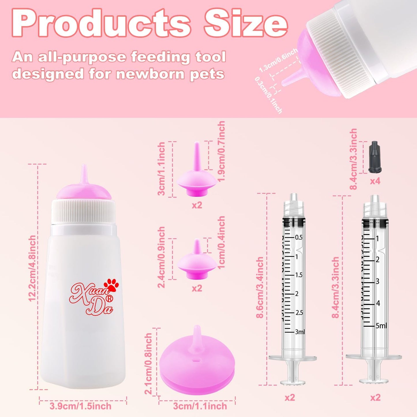 Kitten Bottle Feeding kit with Feeding Nipple and Syringe, Soft Silicone Nursing Pet Feeding Bottle, Ventilation Valve Resistant Tearing for Small Puppies, Kittens, Rabbit (S Nipple-Pink)