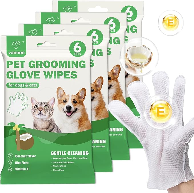 Vannon Extra Thick Pet Bathing Wipes for Dogs & Cats, Cleaning & Odor-Controlling Grooming Gloves, Nourish Fur Glove Wipes for Daily Care and Traveling, Rinse Free, Coconut Scent, 4 Pack, 24 PCS