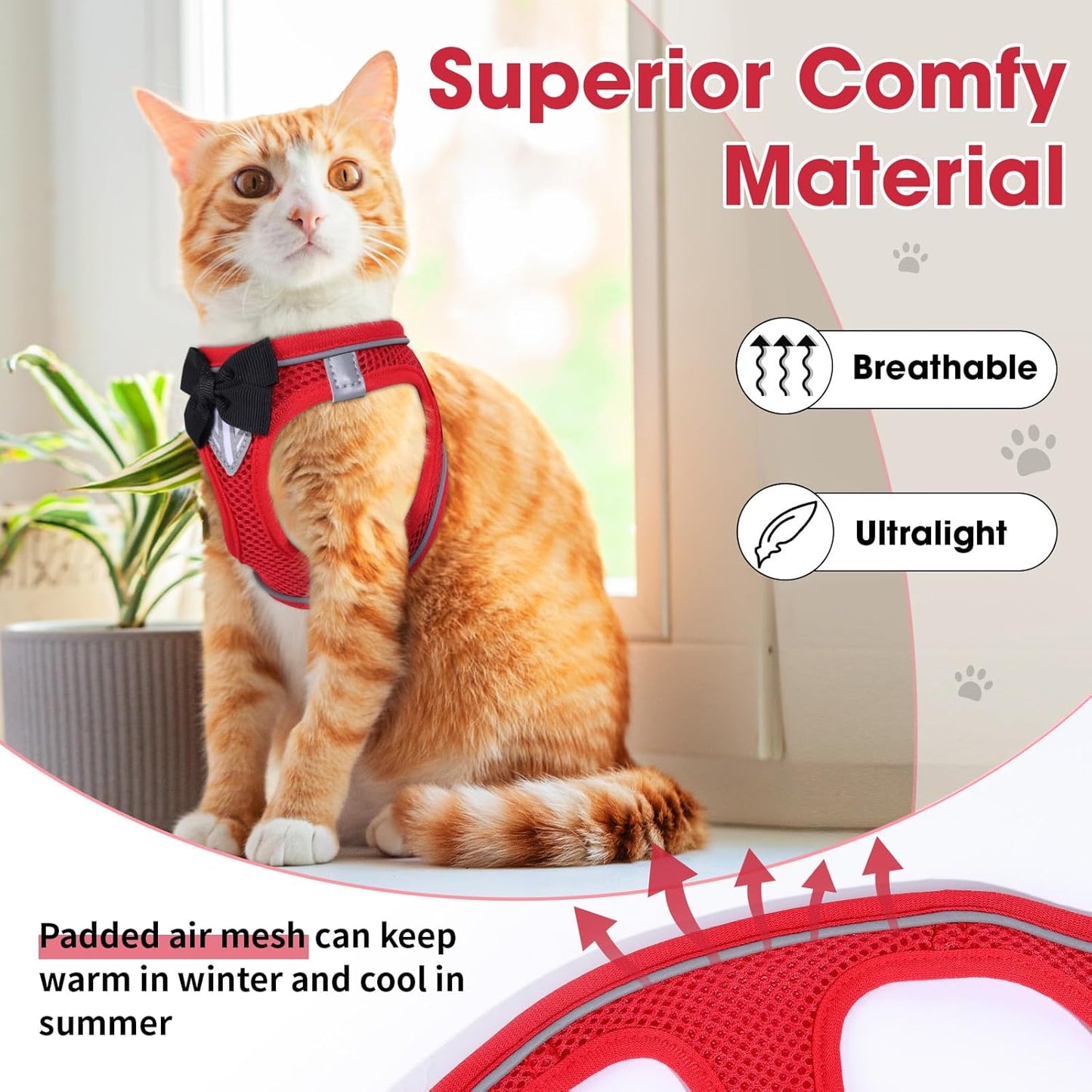 Cat Vest Harness and Leash Set for Walking, Escape Proof, Adjustable Kitten Harness, Breathable Mesh with Reflective Strips, Detective Conan-Inspired Design, Red, XS