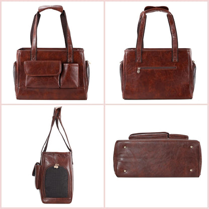 Dog Carrier Purse, Fashion Leather Pet Carrier Bag, Airline Approved Soft Sided Cat Travel Tote Bag with Pockets Coffee