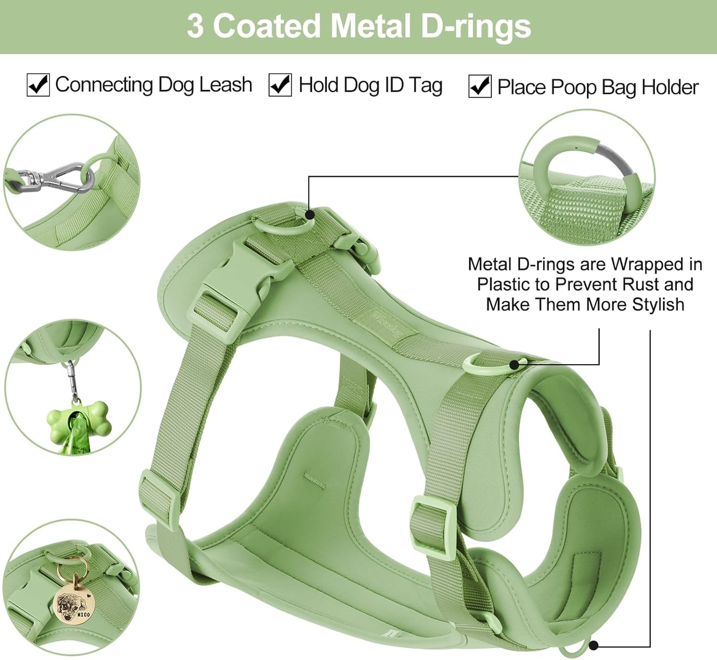 Wisedog No Pull Lightweight Dog Vest Harness with Soft and Comfortable Cushion, Breathable Mesh, for Small Medium Large Dogs Walking (S(Neck: 9.84"-14.17";Chest: 14.17"-22.05"), Sage Green)