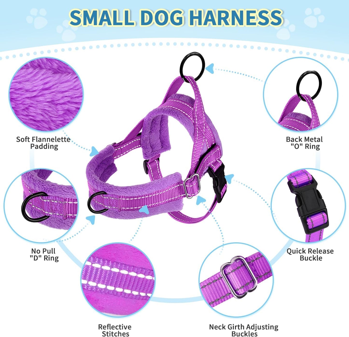 Lukovee No Pull Dog Harness and Leash Set, Soft Padded Small Dog Harness, Neck & Chest Adjustable Reflective Vest Puppy Harness with 4ft Lightweight Anti-Twist Dog Leash for Small Dogs (Purple, L)