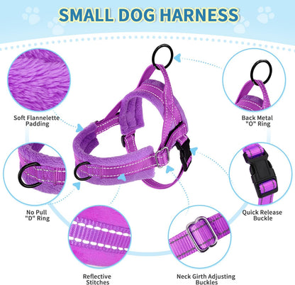 Lukovee No Pull Dog Harness and Leash Set, Soft Padded Small Dog Harness, Neck & Chest Adjustable Reflective Vest Puppy Harness with 4ft Lightweight Anti-Twist Dog Leash for Small Dogs (Purple, L)