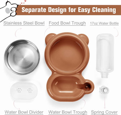 Dog Bowls, Cat Food and Water Bowl Set with Water Dispenser and Stainless Steel Bowl for Cats and Small Dogs - Brown