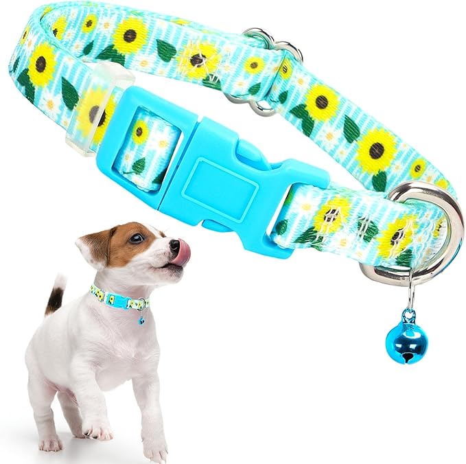 Sunflower Small Dog Collar with Bell, Soft Adjustable Bull Sunflower Puppy Collar Tiny Cat Collars with Bells for XS Small Girl and boy Dogs Little Animal,S
