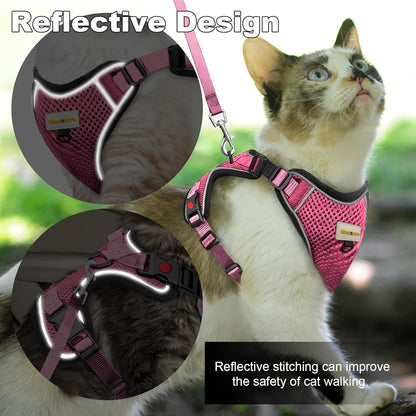 Cat Harness and Leash for Walking, Retractable Cat Harnesses and Leash Set Escape Proof, Breathable Soft Kitten Small Large Harness for Travel Training and Walking, Pink, S